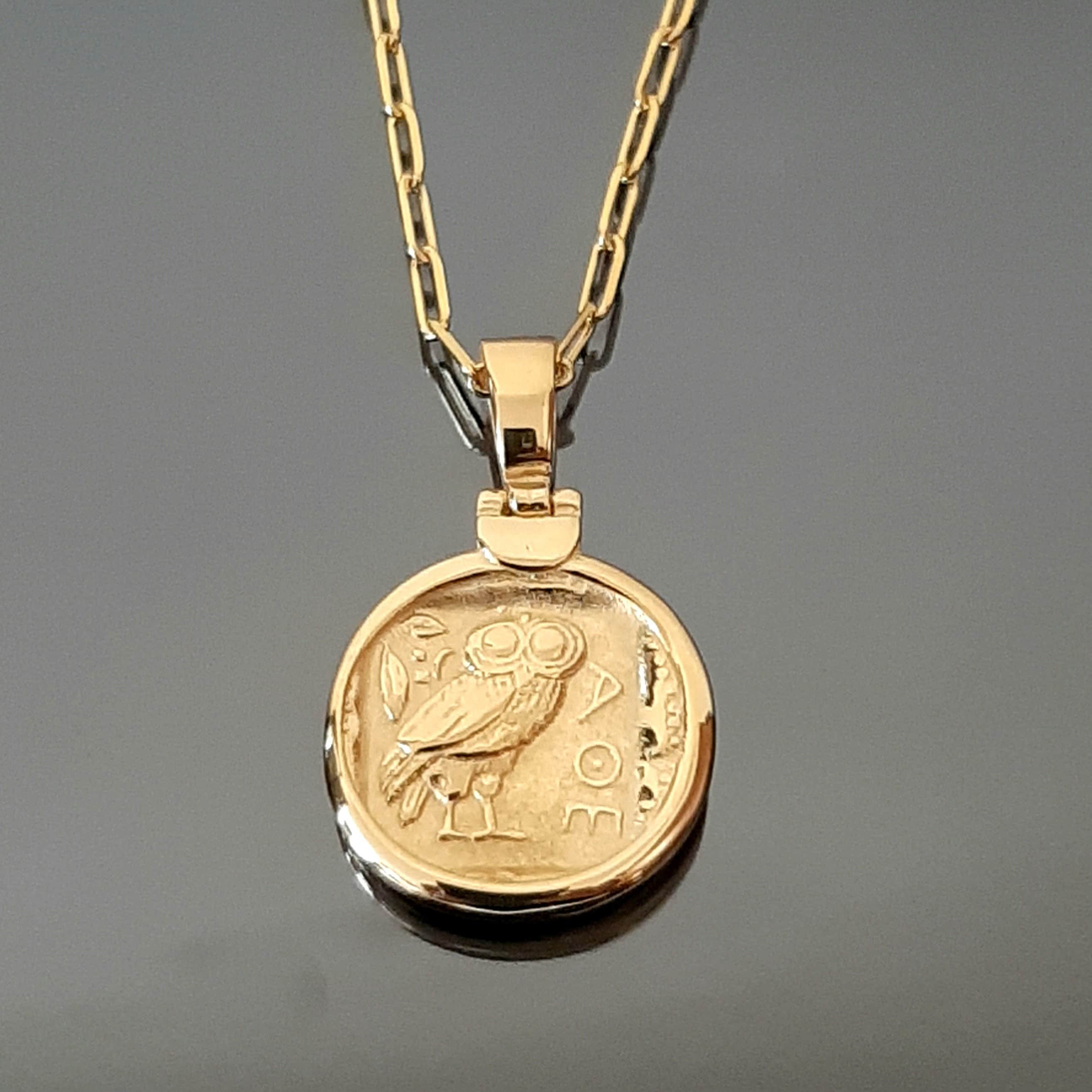 Greek gold Owl, Greek Tetradrachm, sterling silver coin, ancient Greece coin, two-faced coin, museum copy, gold-plated necklace, mom's gift.