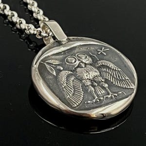 Greek Mythology Owl Pendant, Sterling Silver (Open Wings, 26mm)