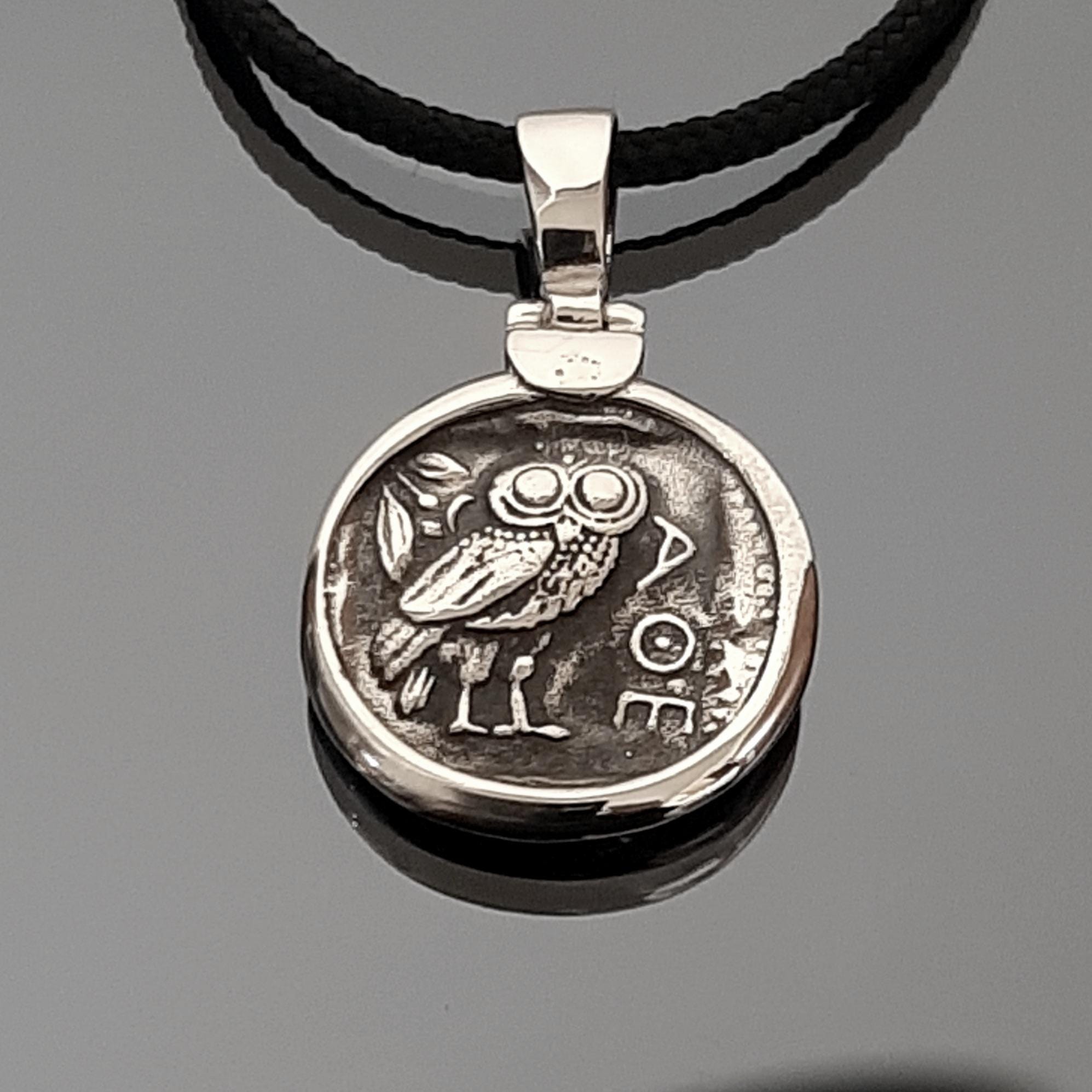 AthenaTetradrachm, Owl Necklace: Greek Mythology Coin Pendant, Sterling Silver replica.