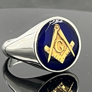 Bague de franc-maçon faite main en argent sterling : boussole en émail bleu, grand chevalier massif
