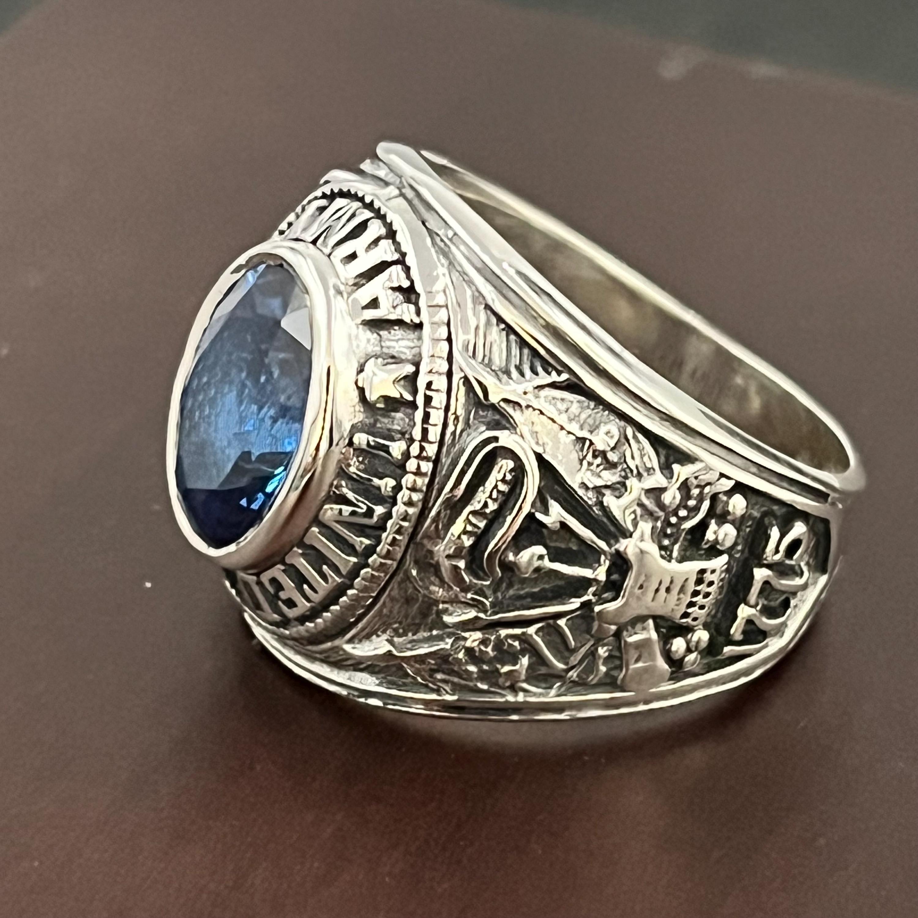 Sterling Silver US Army Ring: Blue Spinel, WWII Veteran Gift