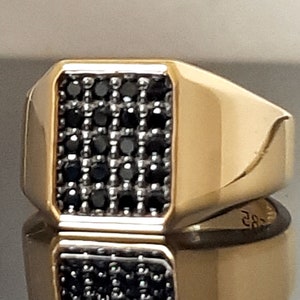 Black Diamond ring, solid gold man ring, black diamond chevalier, stunning plain ring, black stoned man ring, man&#39;s gift, Dad&#39;s ring.