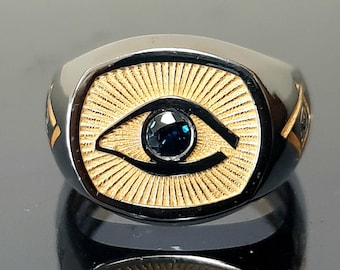 Masterpiece ring, Masonic art ring, eye of Providence, Diamond Eye ring, sterling silver ring, Scottish Ritte ring, Free Mason ring.