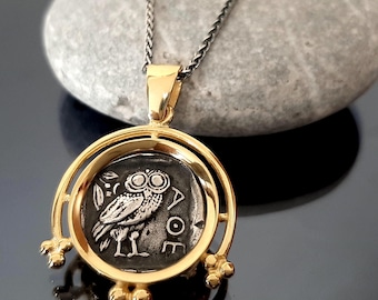 Athena Owl Coin-ketting - vergulde sterlingzilveren hanger