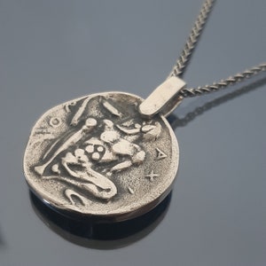 Ancient Greek coin, God Dionysos necklace, sterling silver pendant, ancient coin pendant, Dionysos drinking wine, fun coin, Dad&#39;s gift.