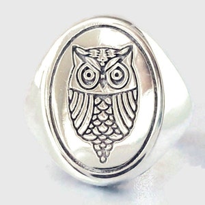 Bague hibou ovale en argent sterling pour hommes : bijoux oiseau de la sagesse, argent massif