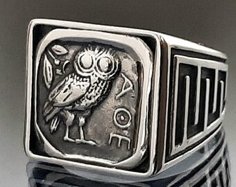 Greek Mythology Owl Coin Ring: Athena Goddess Jewelry, Sterling Silver Chevalier