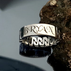 Anillo de letras, anillo de plata esterlina, anillo sólido de cadena Theta, anillo de cadena sólida para hombre hecho a mano, anillo simple minimalista de tipo dual, anillo de regalo para papá