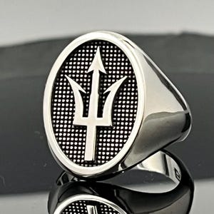 Sterling Silver Trident Ring: Large Oval Signet, Poseidon Jewelry