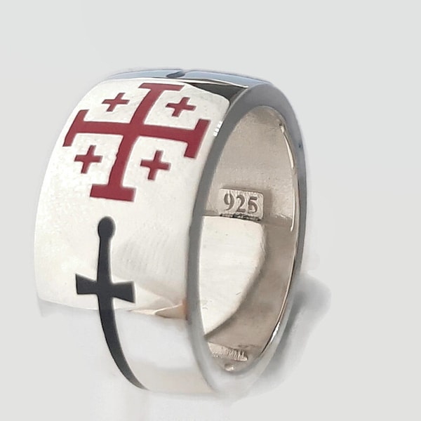 Unique Crusaders Excalibur Sterling silver ring, a Medieval-inspired Templar cross chevalier, a Jerusalem cross ring, a Knight's accessory.