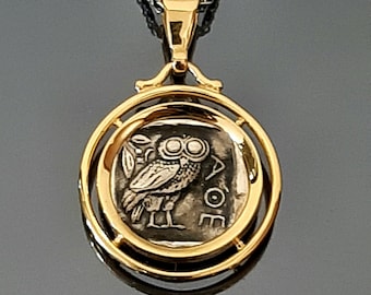 Owl pendant, Athena's old coin, old coin in K18 Gold-plated base, Sterling silver fine Museum copy, two-faced coin pendant, mom's gift.