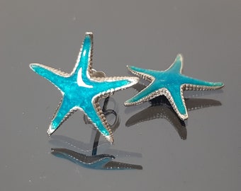Turquoise Starfish Earrings: Sea Blue Enamel, Sterling Silver Gift