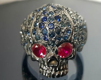 Skull Ring Sterling Silver Red Ruby Eyes Blue Sapphire (Men's and Women's Sizes)