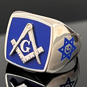 Blauwe maçonnieke ring, Schotse Ritte-ring, sterlingzilveren ring, maçonnieke Chevalier-ring, blauwe kompasring, massieve vrijmetselaarsring, ring van 33 graden.