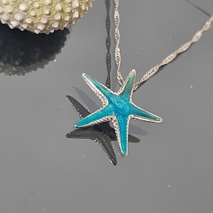 Blue Starfish, 20mm beach pendant, Opal blue Starfish, Turquoise Sterling silver starfish, ocean blue necklace, Greek Summer necklace.