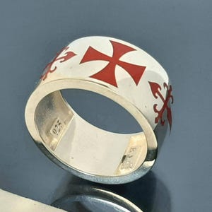 Templar Cross Ring, Sterling Silver with Red Enamel (Wide Band)