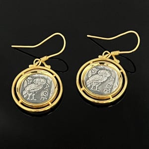 Oxidized Sterling Silver Owl Earrings: Ancient Coin Design