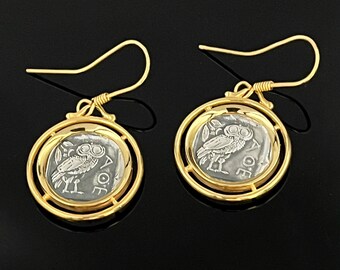 Old coins Silver Owl Earrings: Ancient Greek Design, Athena goodess