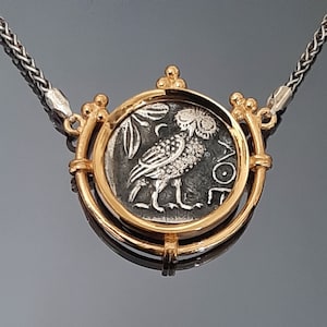 Owl pendant, old  Sterling silver coin, Vermeil base, Museum copy, Athenian tetradrachm, two-faced Athena coin, Greek Mythology old coin.