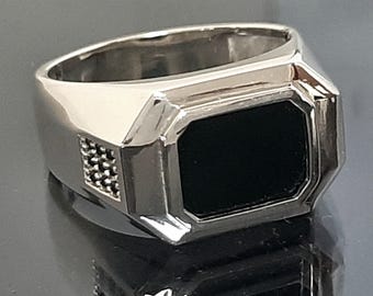 Black Onyx Sterling Silver Ring: Emerald Cut Chevalier