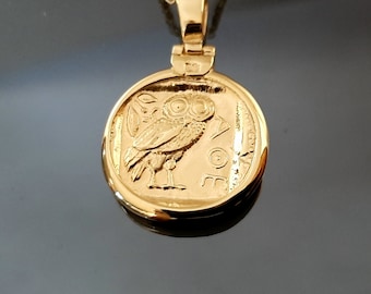 Greek gold Owl tetradrachm, Athena's solid gold coin, old Greek Owl, owl coin necklace, two-faced Museum copy, alt tetradrachm, Minerva coin