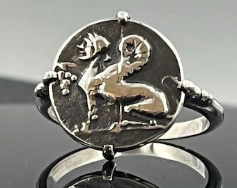 Sphinx Signet Ring: Greek Mythology Jewelry (Sterling Silver, Chios Coin)