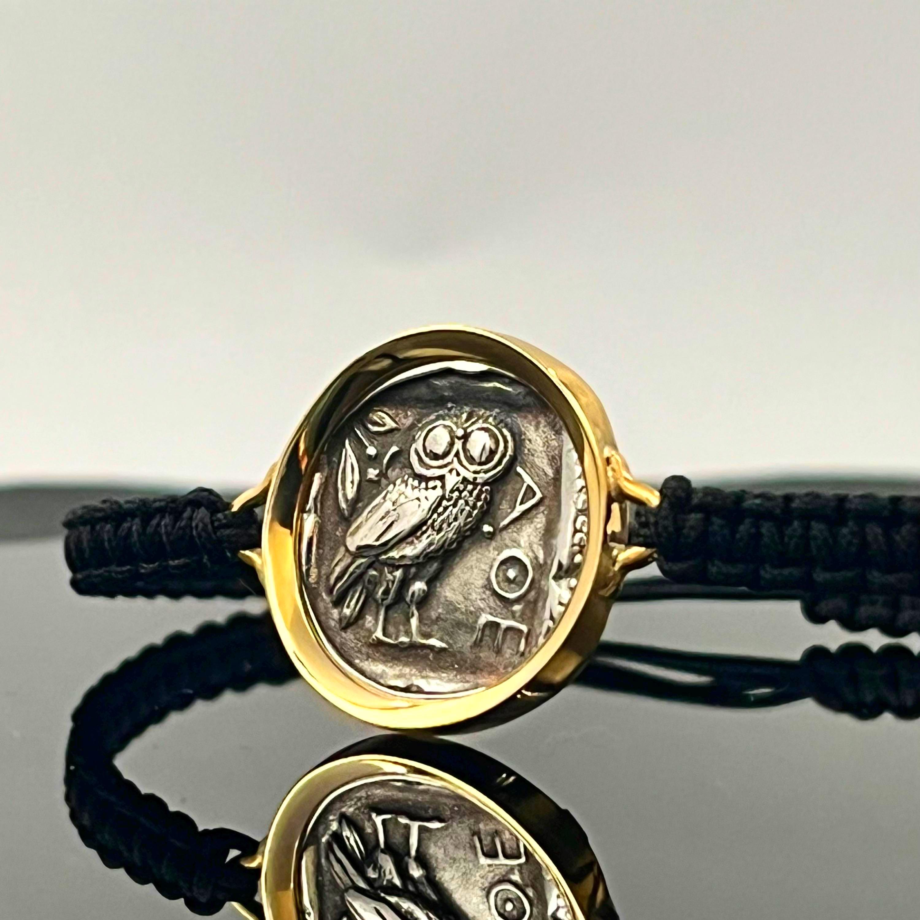 Athena Owl Coin Bracelet: Greek Mythology Jewelry (Adjustable Macrame, Gold-Plated)