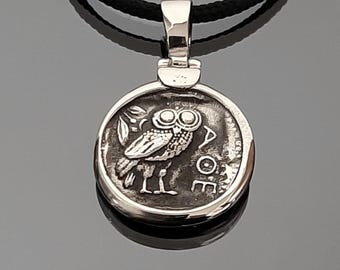 Athena Owl Coin Necklace: Sterling Silver Greek Mythology Pendant