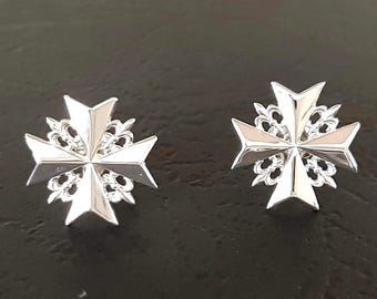 Templar Cross Earrings: Gothic Fleur de Lis, Handmade, Sterling Silver