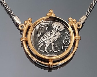 Athena Coin Pendant: Gold-Plated Silver - Ancient Greek Owl Tetradrachm