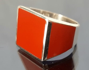 Statement Ring: Red Enamel Square - Sterling Silver
