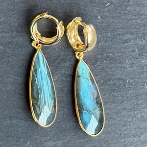 Labradorite Huggie Earrings;Gold and Labradorite;Gold Hoop Earrings; Gold Huggie Leverback Earrings; Minimalist earrings;