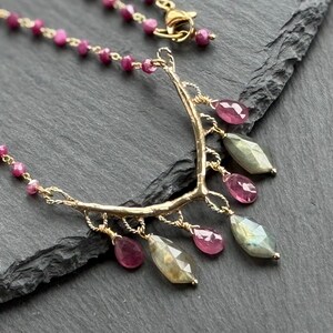 Artisan gold Bronze Necklace, Labradorite, Ruby, Coated Moonstone, Gift
