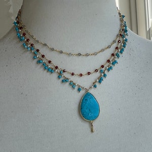 Boho Multi layer necklace; Turquoise cluster necklace; Garnet; Labradorite; Bronze; garnet and gold; led necklace; Sundance style necklace