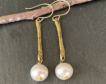 Freshwater Pearl Dangle Earrings, Gold Filled Bronze Sticks