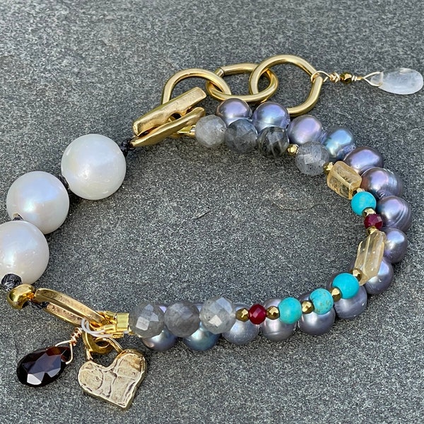 Multi gemstone heart  bracelet; Fresh water pearls; Turquoise, Hematite, Garnet; Citrine; Boho Bracelet; Chunky; Adjustable; Sundance style