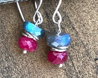 Chakra earrings. Natural Labradorite Precious gemstone earrings Dainty earrings Sterling silver earrings Ruby