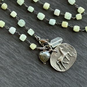 Rustieke ketting met paardencluster, amazone, maansteen; Labradoriet, lange ketting