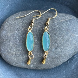 Aqua chalcedony gold earrings;  Gold filled earrings; Aqua and gold; Chalcedony and gold; Chakra earrings; Dangle earrings