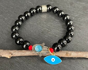 Pulsera de ojo malvado de ónix negro, amuleto de mano de Fátima, protección bohemia