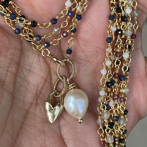 Multi layer Multi gemstone necklace, Bronze pendant necklace, Pearl necklace, Gemstone necklace, Multi strand necklace, Artisan necklace