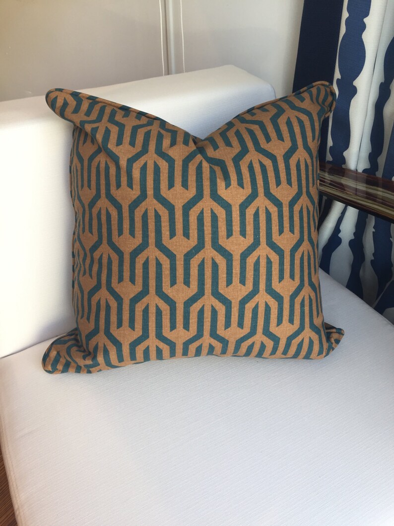 Decorative Pillows, Tan & Teal Outdoor Pillow Covers With Geometric