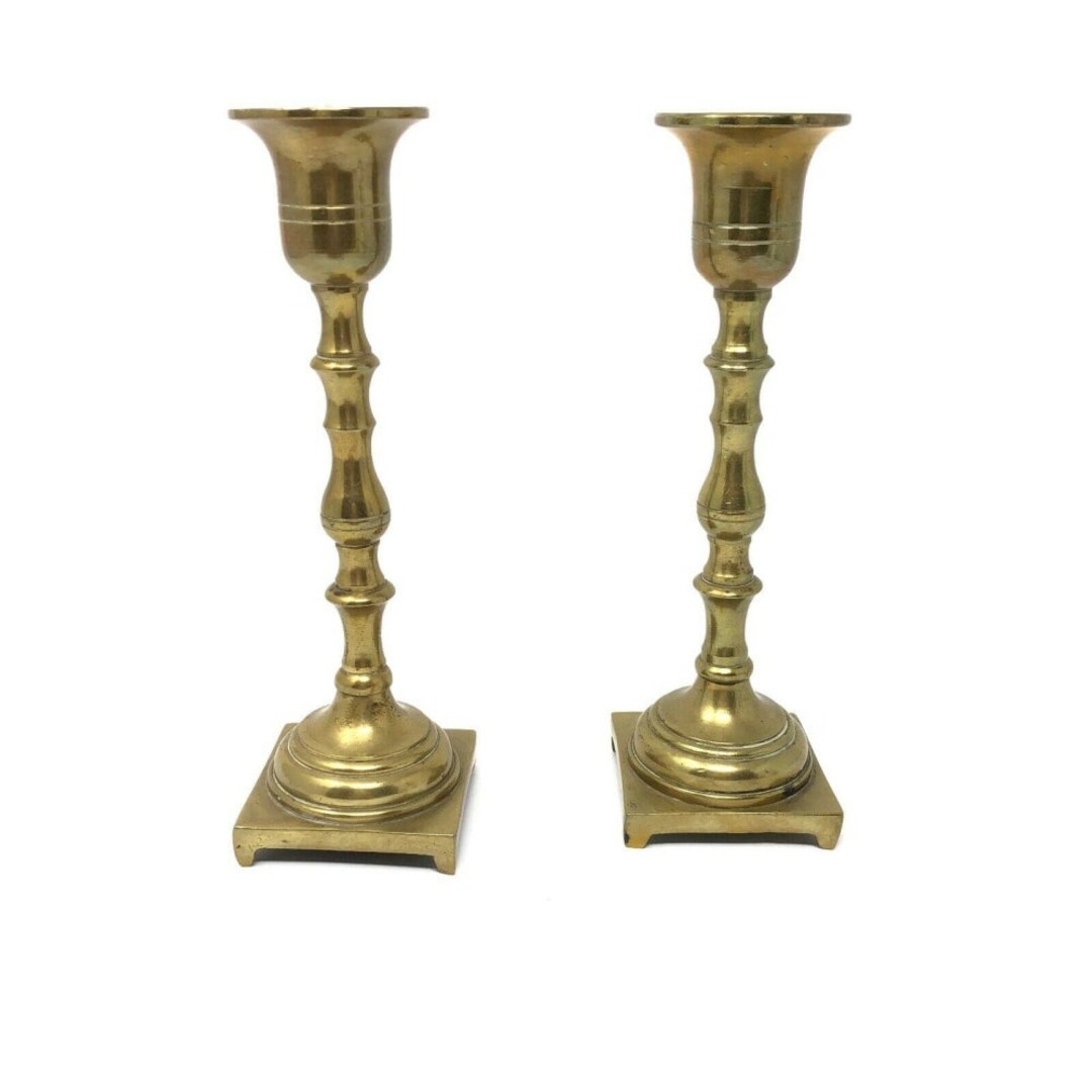 Vintage Antique Solid Brass Taper Candle Holders 7 Column to Square