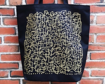 Syncopated City • black cotton canvas grocery tote with gold cityscape • made in USA
