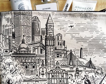 Boston Landmarks - cotton canvas travel zip pouch