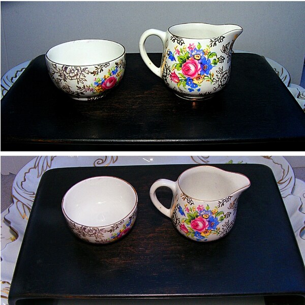 Vintage Old Foley James Kent LTD Staffordshire England Chintz Set Mini Creamer & Sugar Bowl Pink Roses w/Blue flowers / Gilt / Cottage Decor