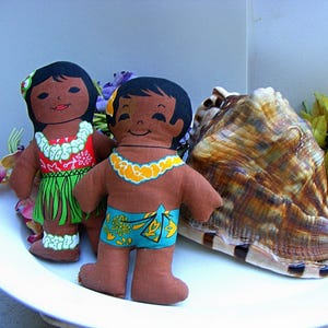 Vintage Hawaiian C & H Sugar Fabric dolls / 1970 HM / Hawaiian Hula Boy Girl / Advertisement / Island Decor / Souvenir