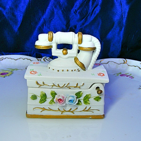 Vintage Bisque Telephone Trinket Jewelry Box Hinged HP Norleans Taiwan Porcelain Applied Flowers Gold Embellished Boudoir Cottagecore Chic