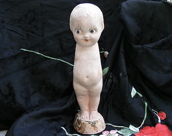 Vintage 1920s Kewpie Carnival Chalk Prize Doll Chalkware Plaster 11.5", Flapper Era, Goth Halloween Prop