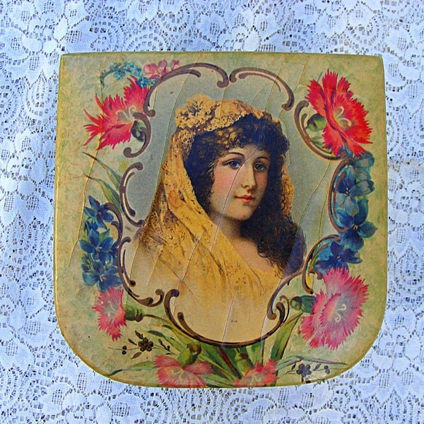 Antique Celluloid Collar Box / Victorian / Beautiful Lady / Lace Floral Veil Borderg Scroll & Flowers Chic Shabby Boudoir Decor Cottagecore